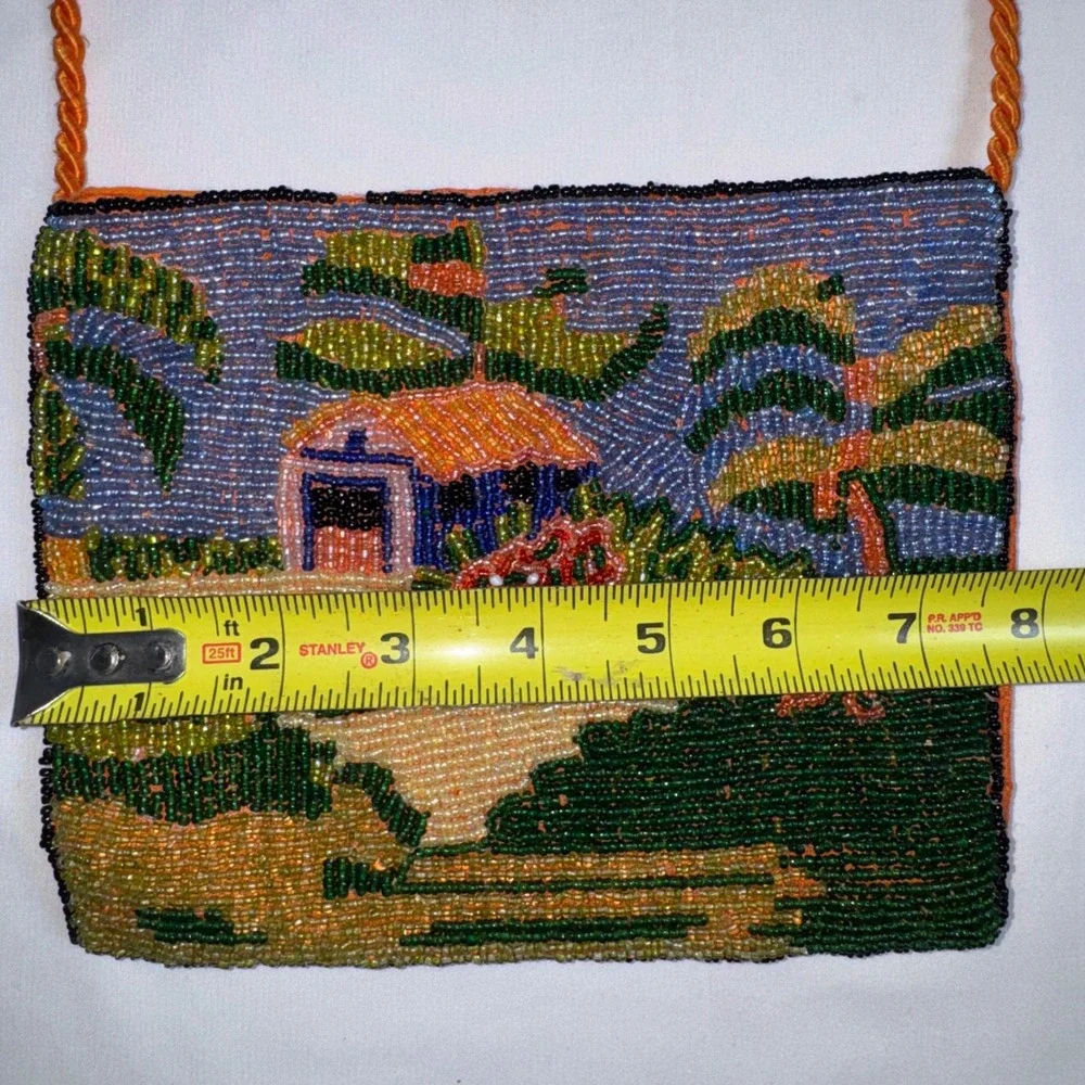 Vintage Tropical Beaded Crossbody Bag Orange Palm Tree Beach Scene Small Purse